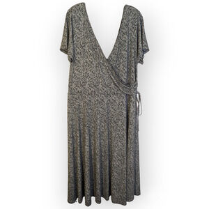 London Times Woman Plus Short Sleeve Lace Print Pattern Faux Wrap Dress 18W